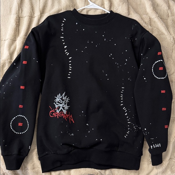 Cactus Jack Mens Black Stitched Crewneck Travis Scott World Crewneck - Picture 2 of 3